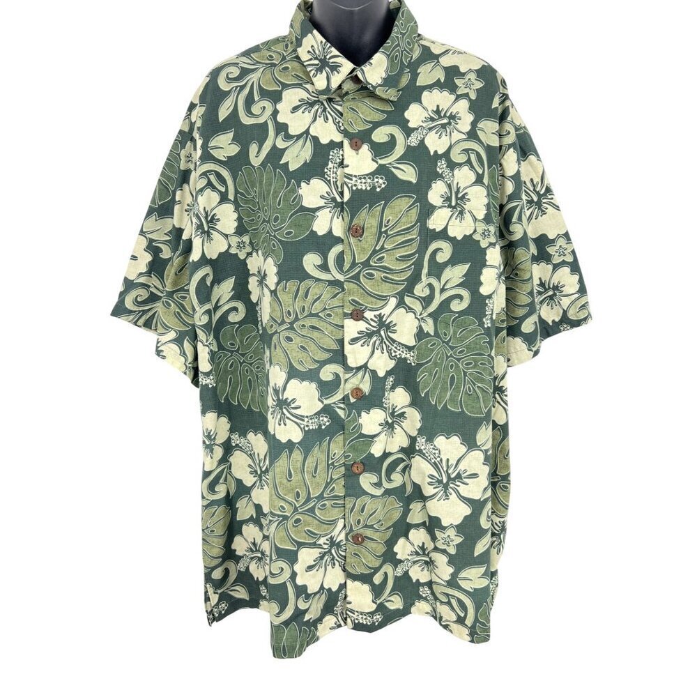 Hilo Hattie Hawaiian Original Men 2XL XXL Green Floral Button-Up Shirt Aloha EUC